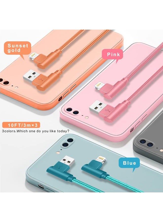 Exeric iPhone Charger, 3 Packs 10FT 90 Degree Charging Cable MFi Certified USB Lightning Cable Nylon Braided Fast Charging Cord Compatible for iPhone 13/12/11/X/Max/8/7/6/6S/5/5S/SE/Plus/iPad (10FT) - Image 2